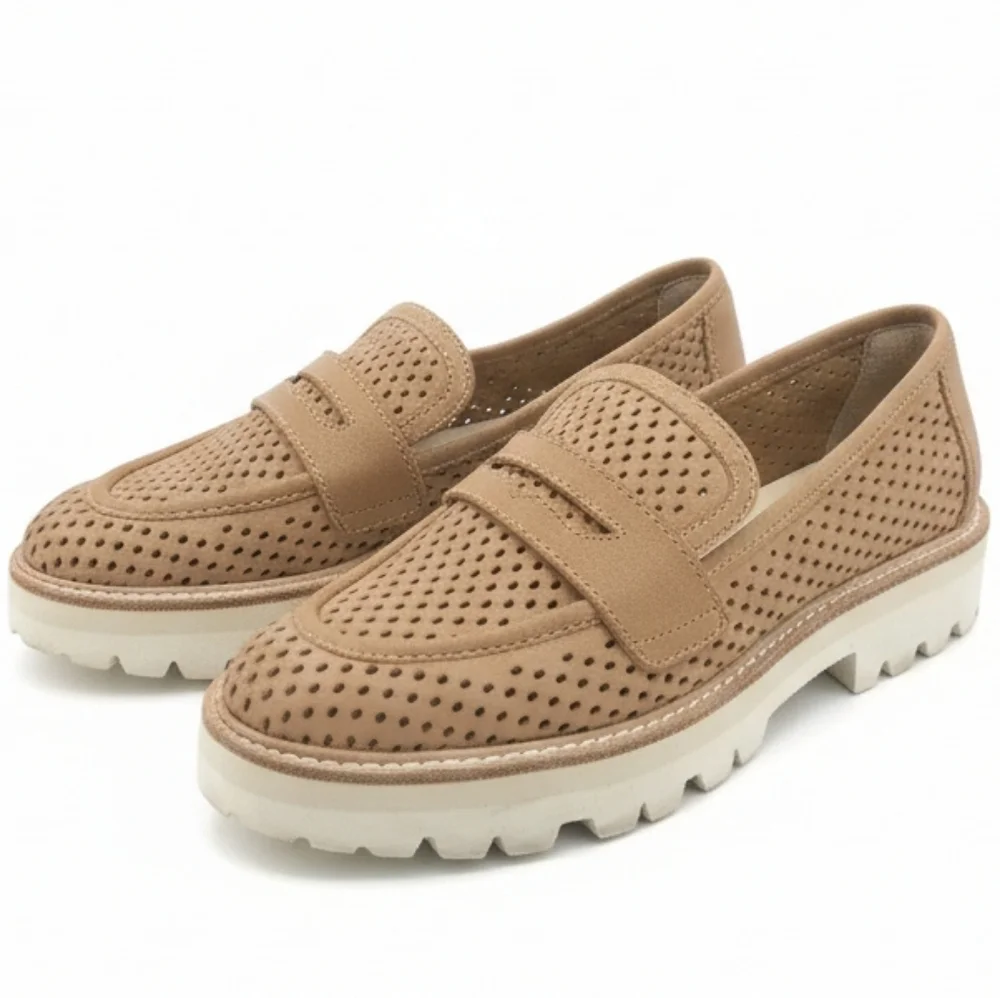Dolce Vita Tan Perforated Platform Penny Loafers Lug Sole 7.5